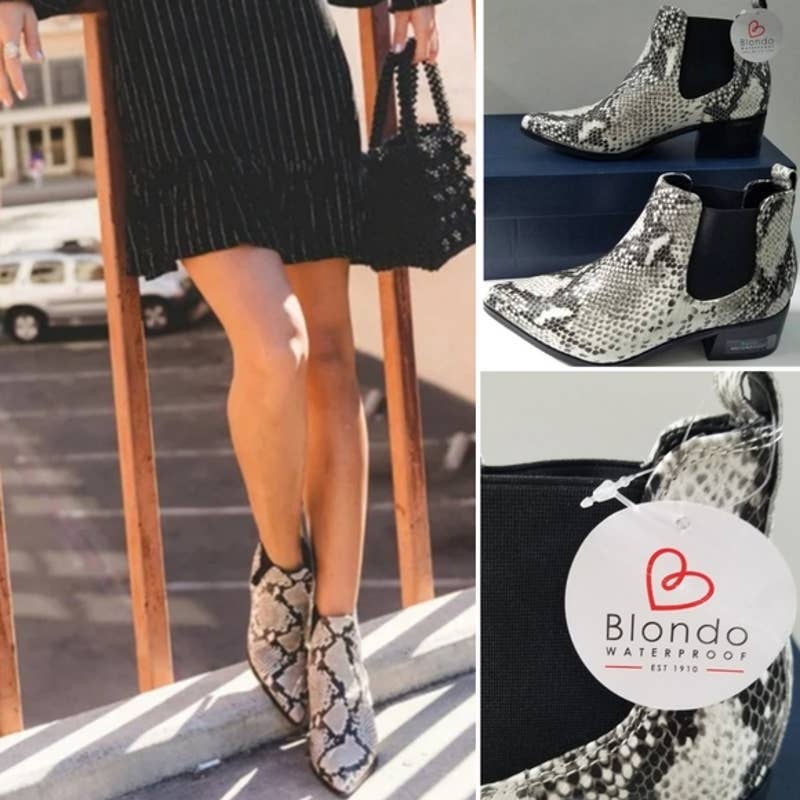 Blondo Waterproof Emelia Snake Chelsea Low Heel Bootie Nwt Black/ White Size 7